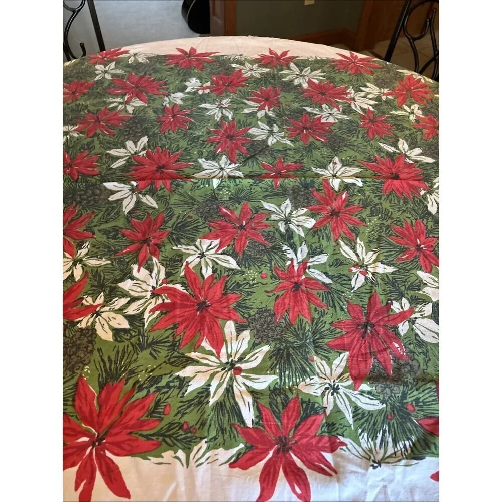 Vintage Poinsettia Cotton Tablecloth 62 X 49 Red Green & White Holiday Christmas
